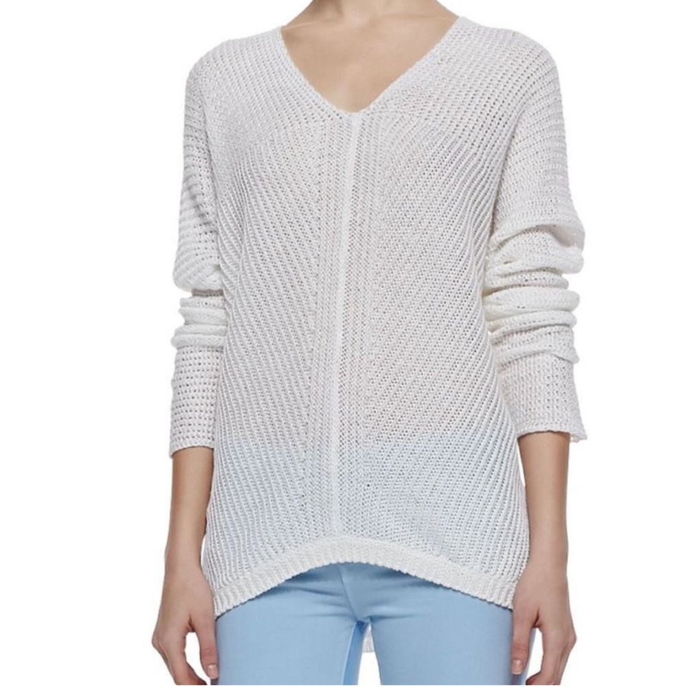 Vince Optic White Linen Knit V-Neck Sweater